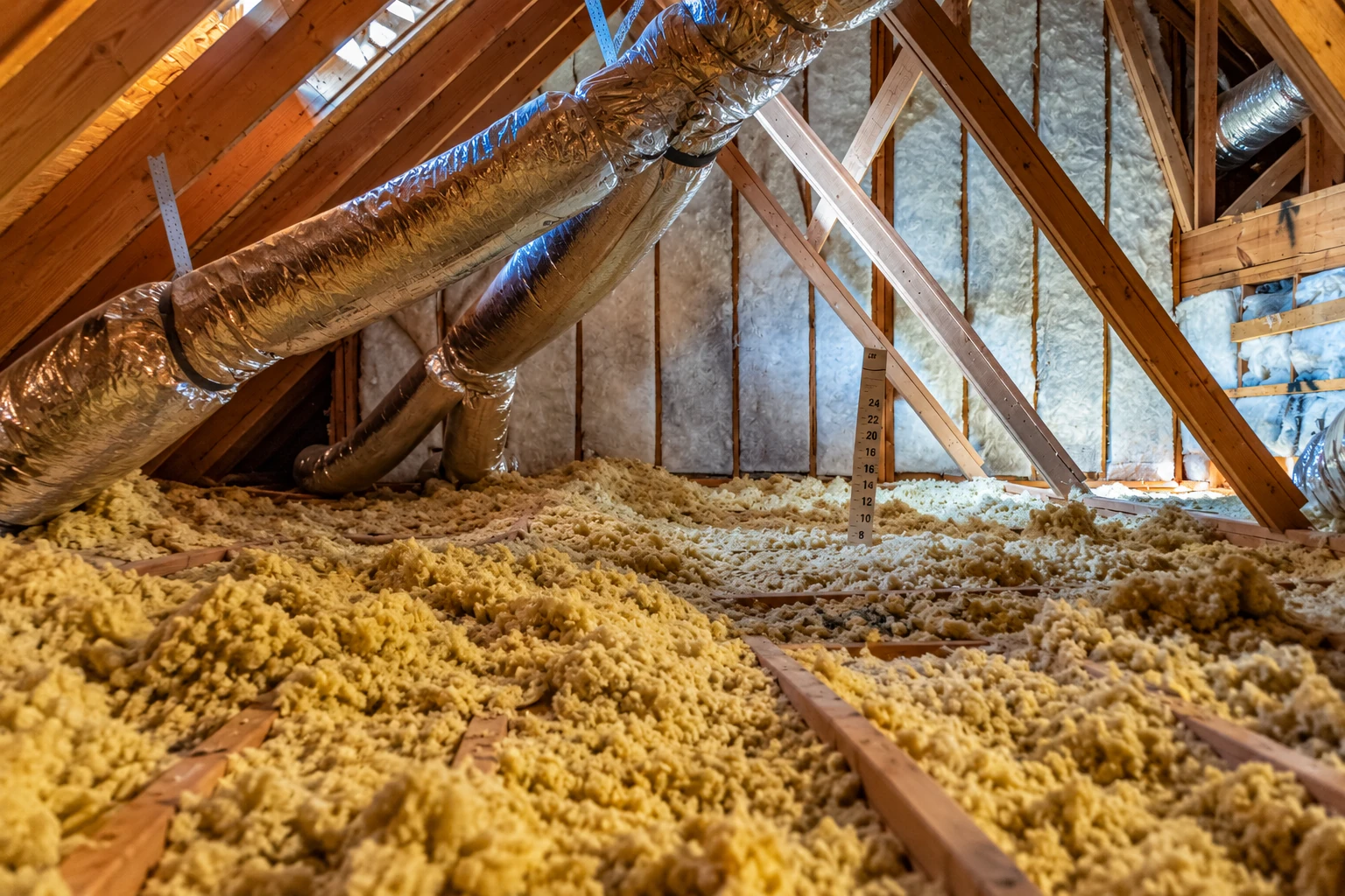 Attic with loose yellow insulation across the floor, insulated gable walls, and exposed ducts and rafters.