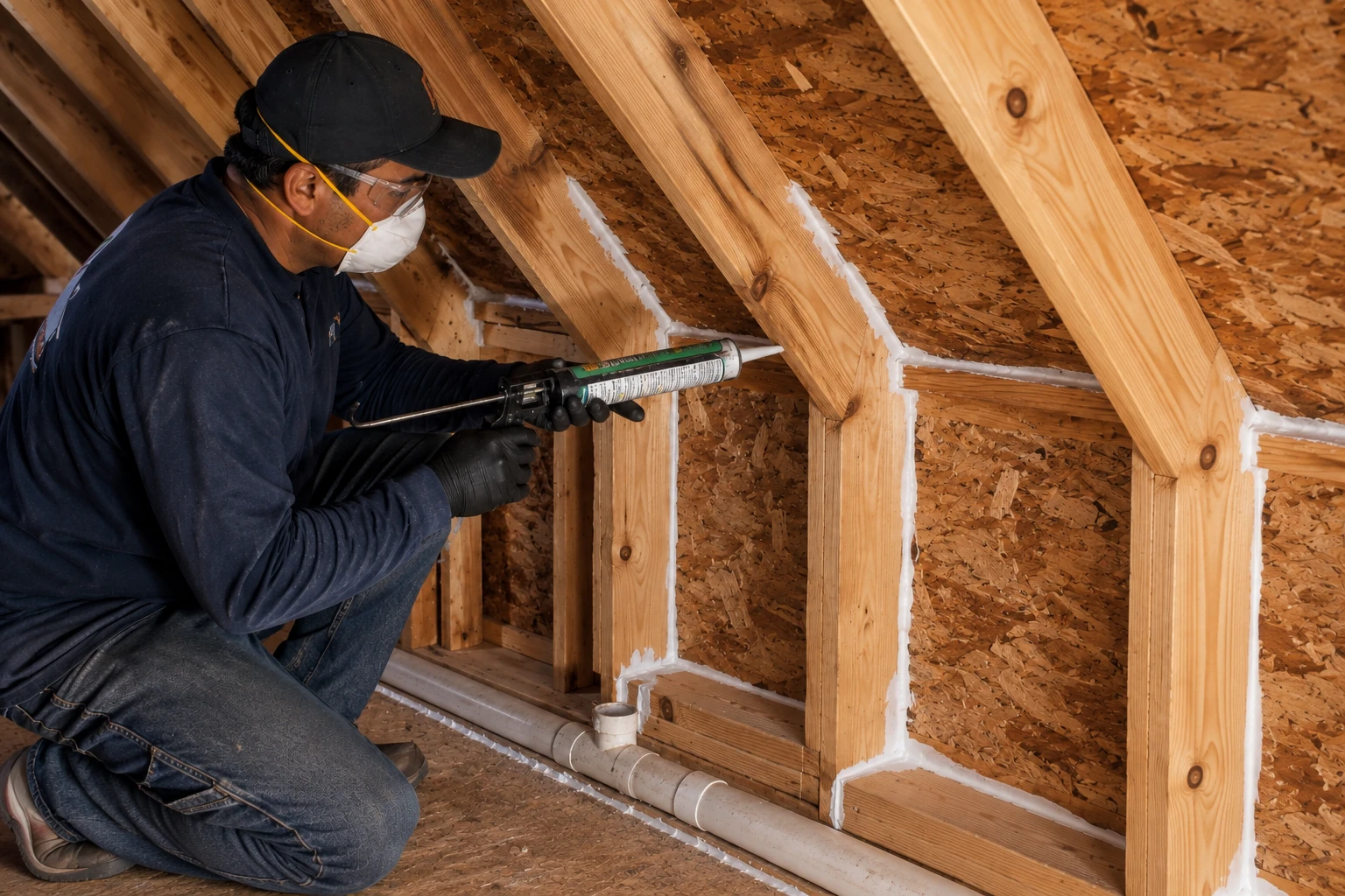 A worker applies foam sealant along attic framing joints with a caulking gun.