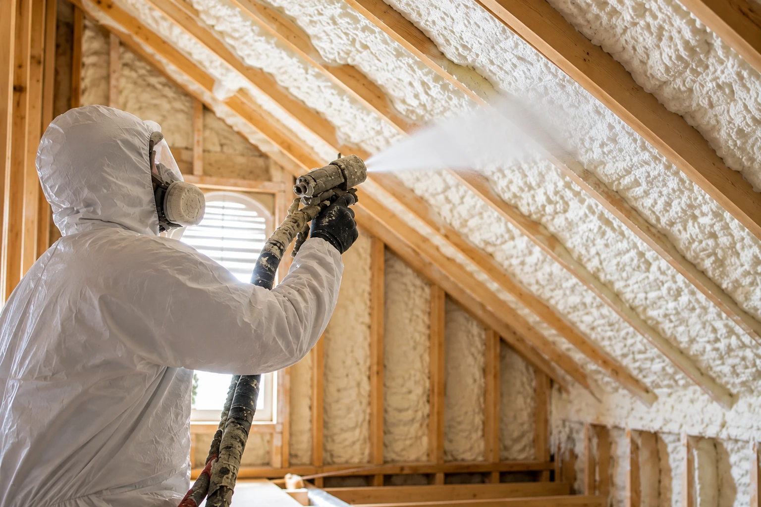 A worker in protective gear sprays foam insulation along the sloped rafters of an unfinished attic.