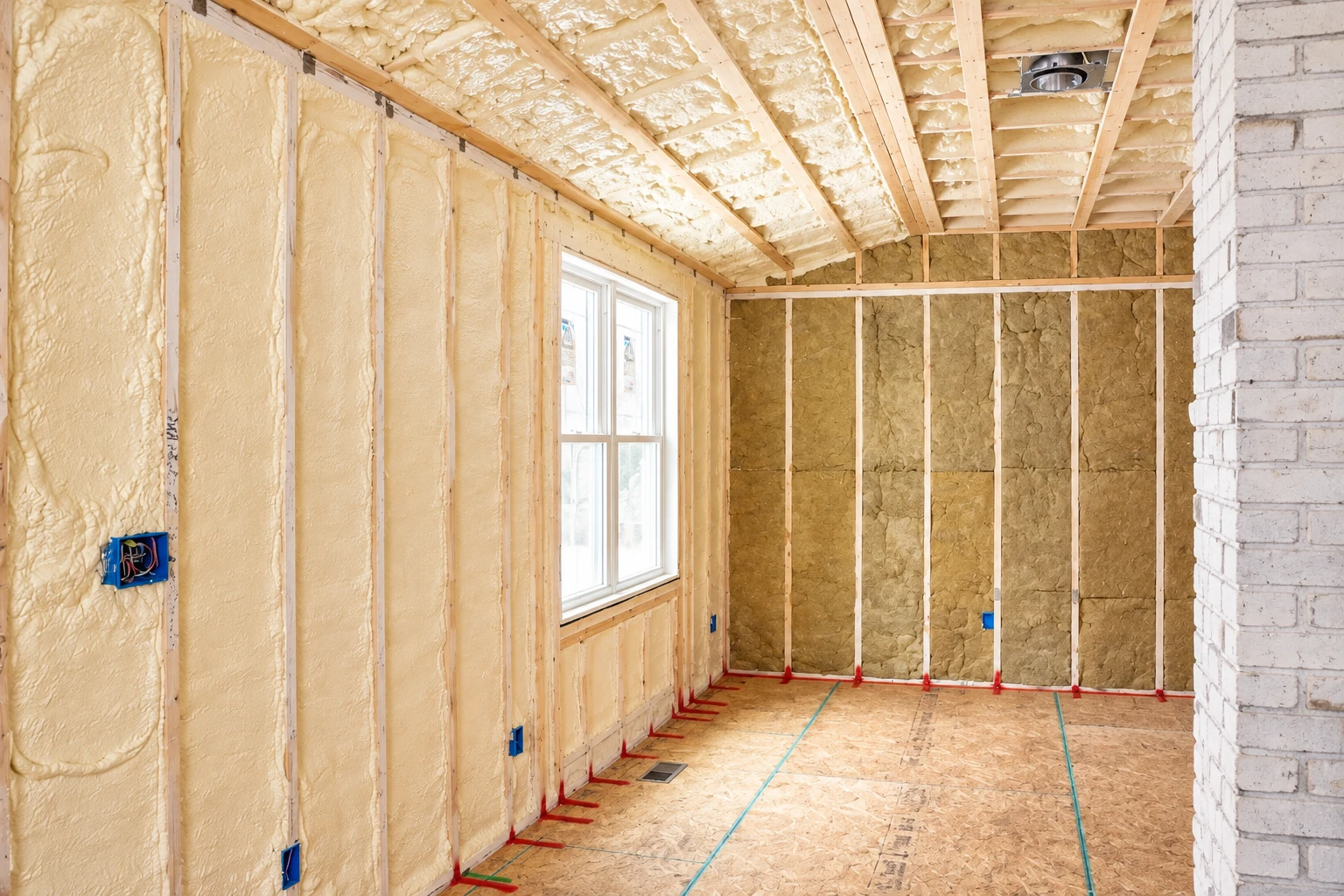 An unfinished room has pale spray foam between wall studs and roof rafters, with fiberglass batts on the back wall.
