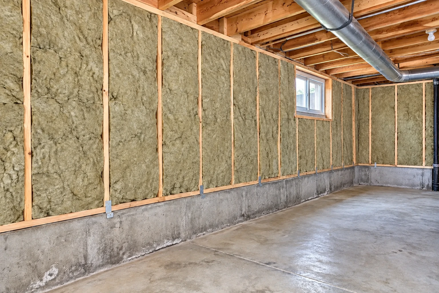 Basement walls with gray batt insulation fitted between wooden studs above a concrete foundation.