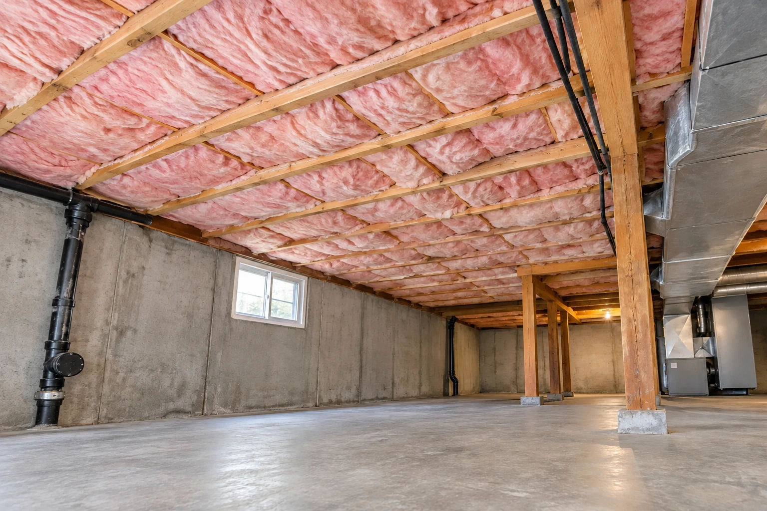 Basement with pink fiberglass batts fitted between ceiling joists above a bare concrete floor.