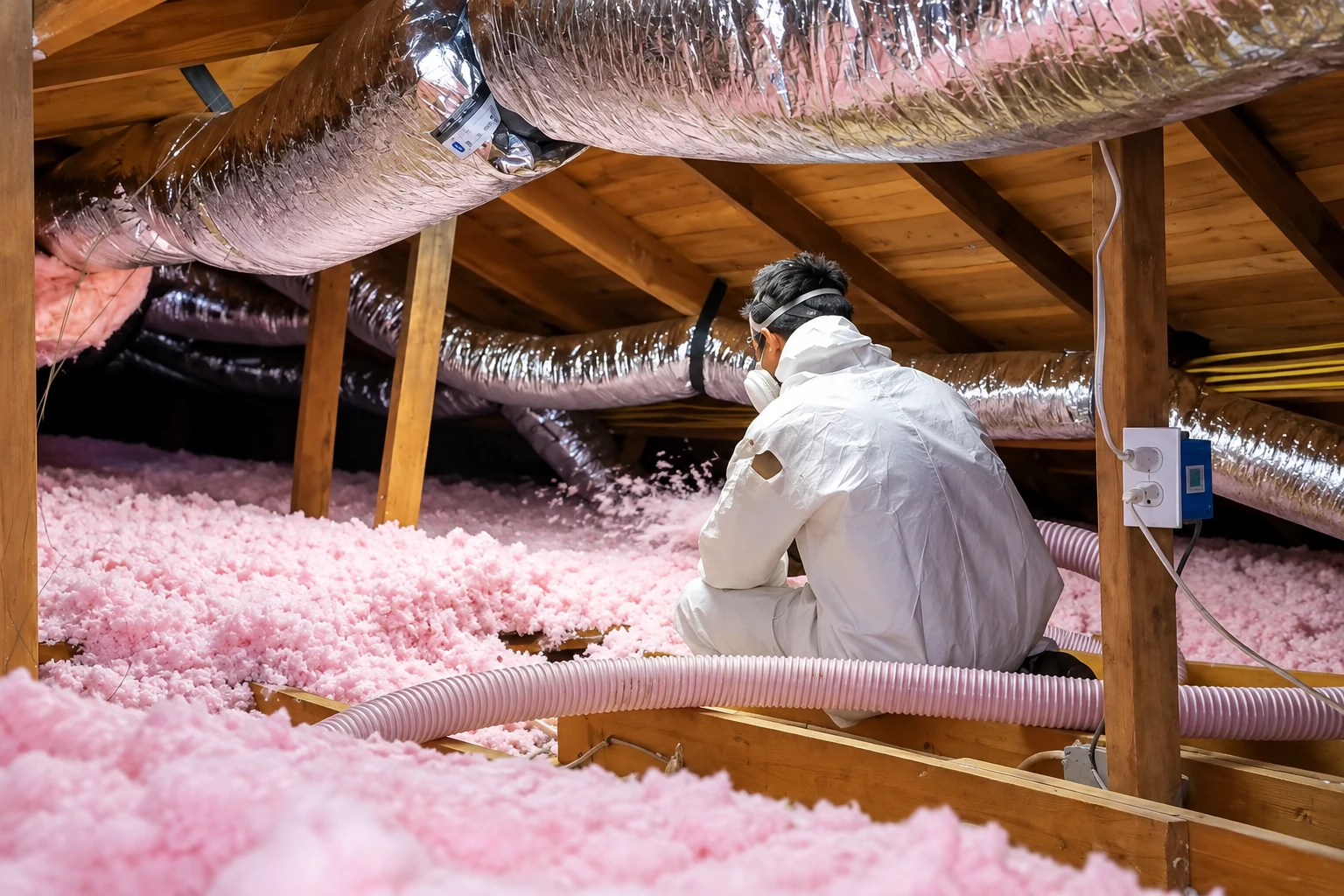 A worker in protective gear spreads pink blown-in insulation across an attic beneath silver ductwork.