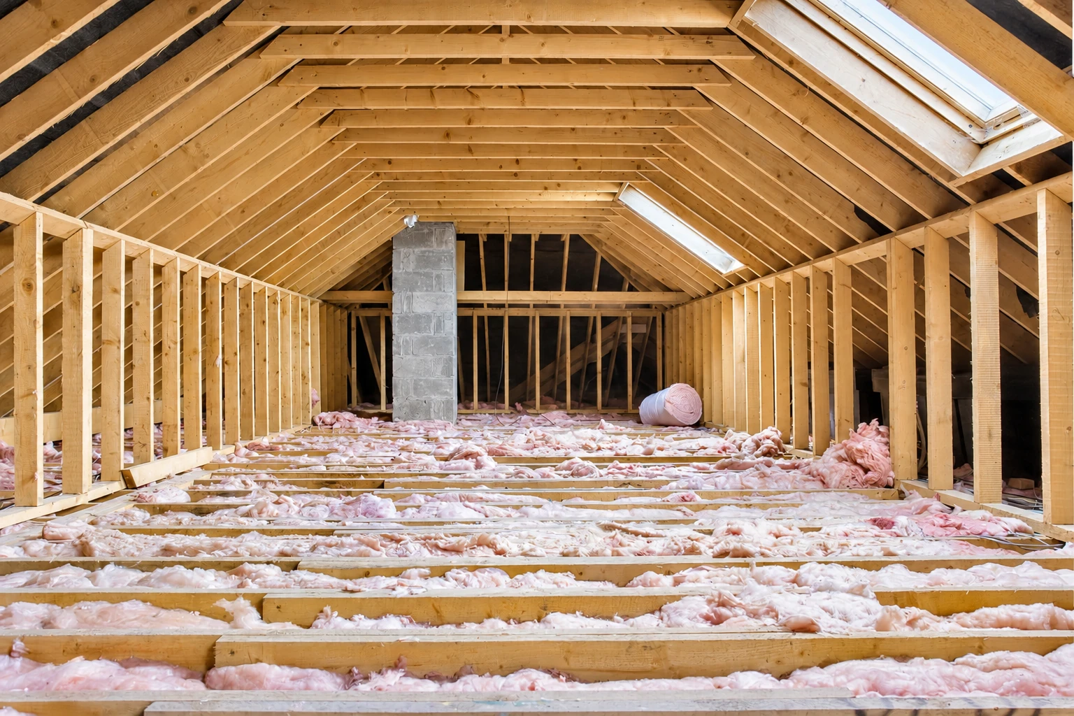 Pink loose-fill insulation lies between the floor joists in an unfinished attic.