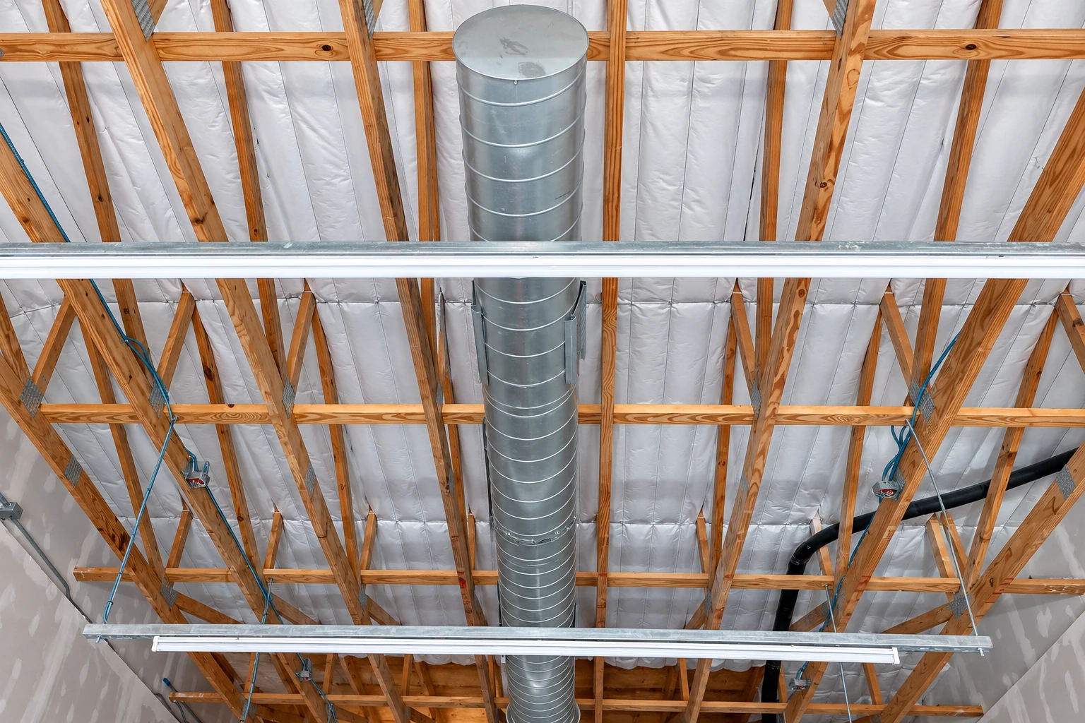 Commercial insulation lines a timber-framed ceiling around a large metal ventilation duct and suspended light fixtures.