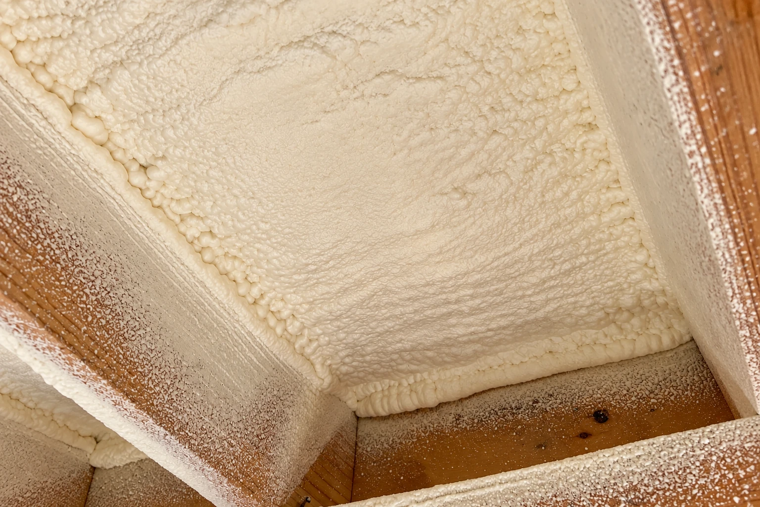 Close-up of thick cream-colored spray foam insulation filling the spaces between wooden floor joists.