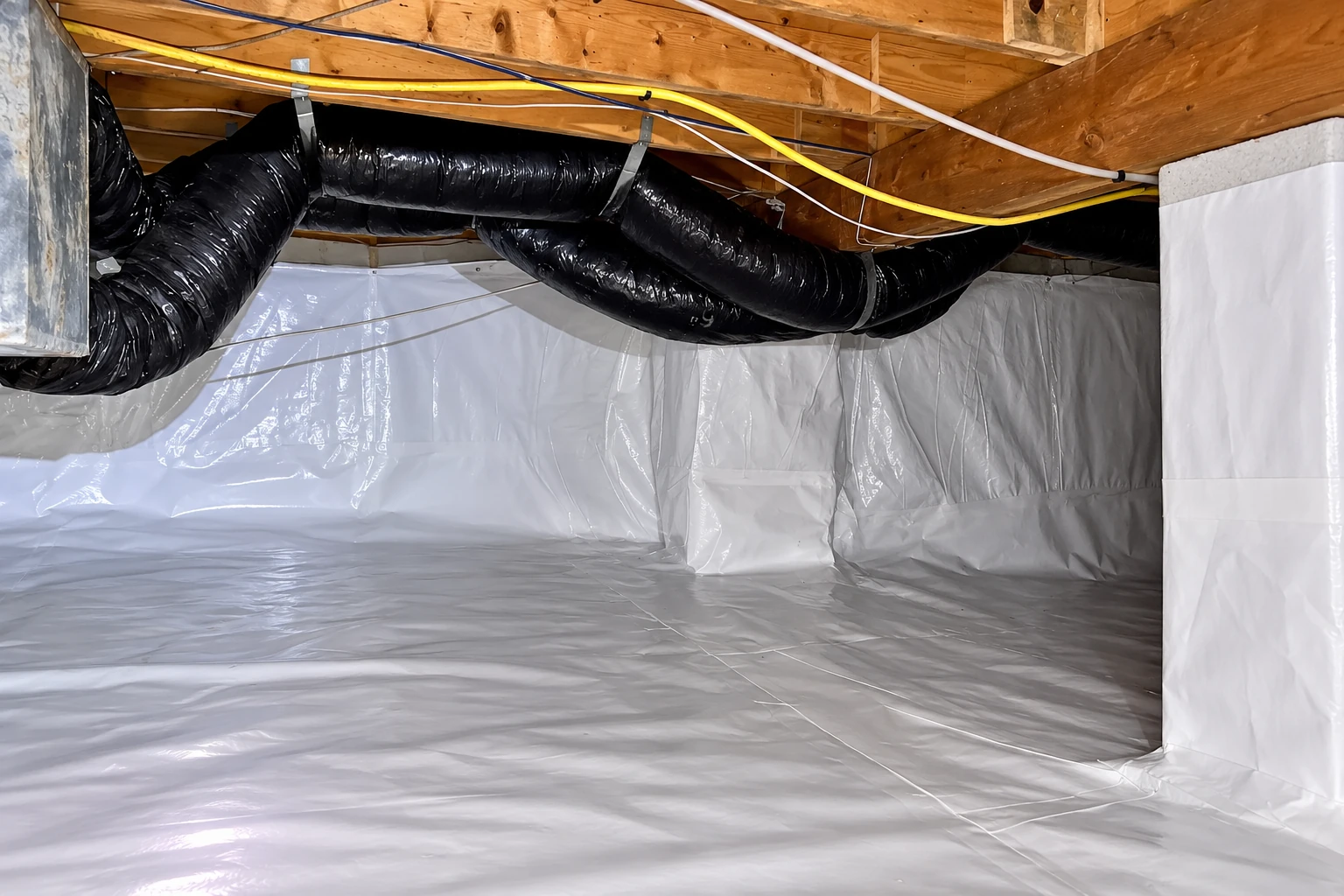 A crawl space has a continuous white vapor barrier covering the floor and lower walls beneath black air ducts.