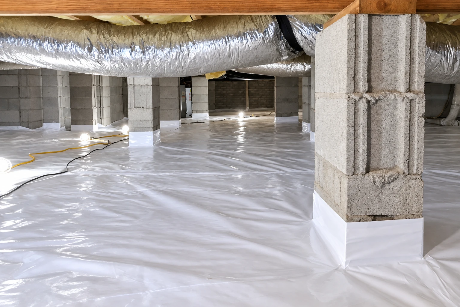 Crawl space with a white vapor barrier covering the floor and wrapping concrete block columns beneath a large duct.