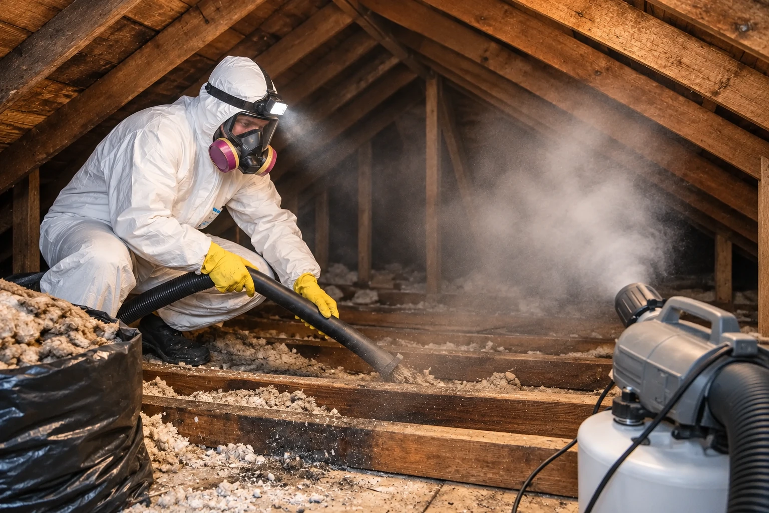 A worker wearing a respirator vacuums loose attic insulation into a hose beside a collection machine.