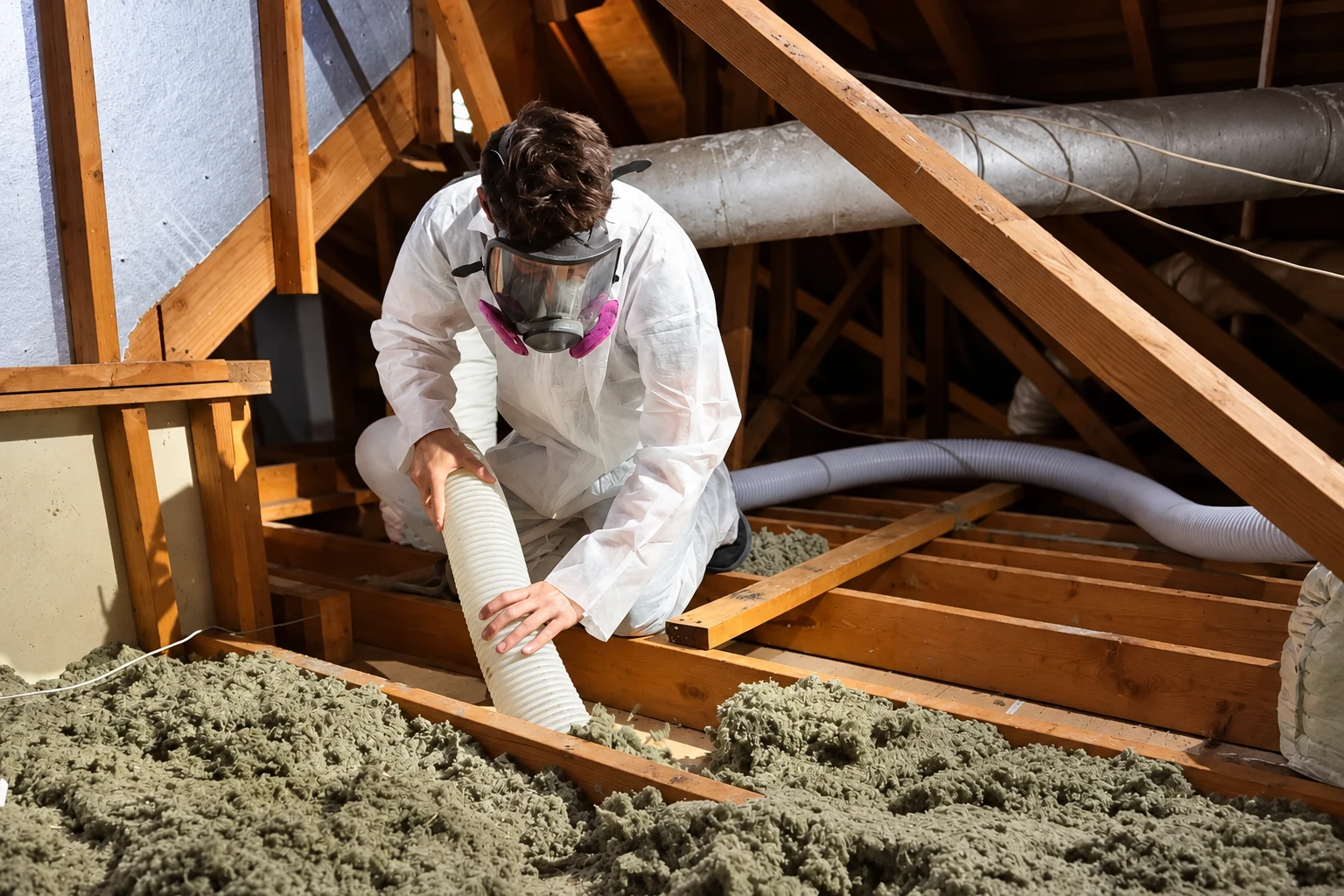Worker in protective coveralls and respirator uses a hose to remove loose insulation from an attic floor.