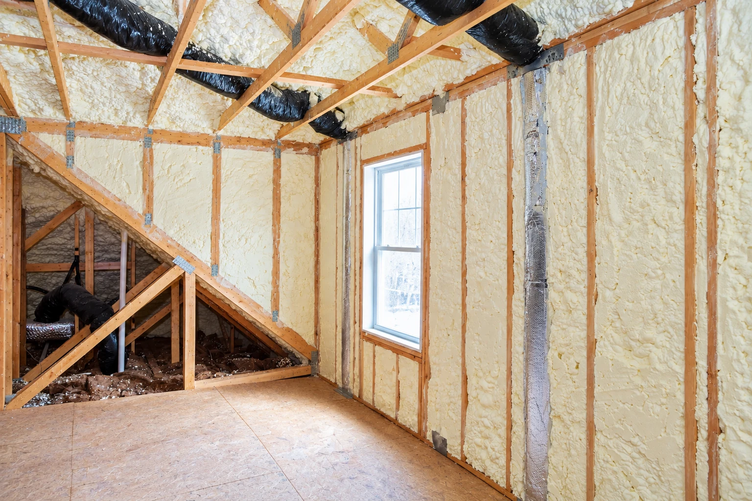 Open-cell foam insulation fills the walls and roof framing of an unfinished attic with a window and exposed ducts.