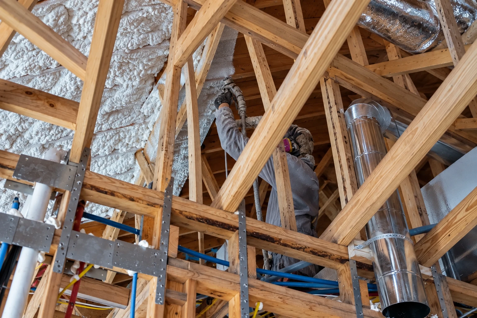 Worker sprays white foam insulation onto exposed attic rafters among wooden trusses and metal ductwork.