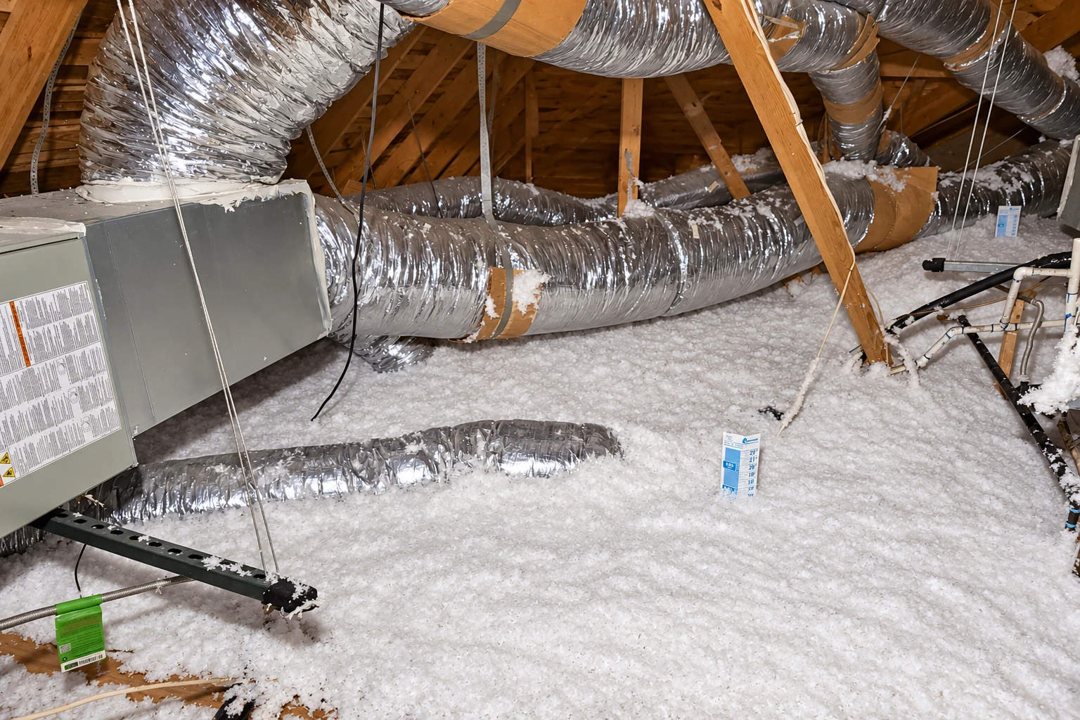 Attic with white blown-in insulation covering the floor beneath large silver ducts and exposed wooden rafters.