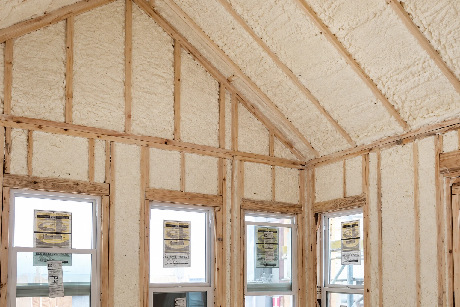 Spray foam fills the spaces between exposed wooden rafters and wall studs in a room with several windows.