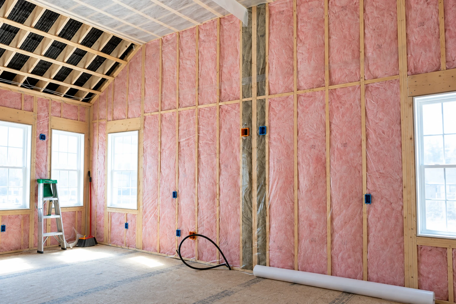 Pink batt insulation fills the walls of an unfinished room, with a roll of vapor barrier on the floor and a ladder by the windows.