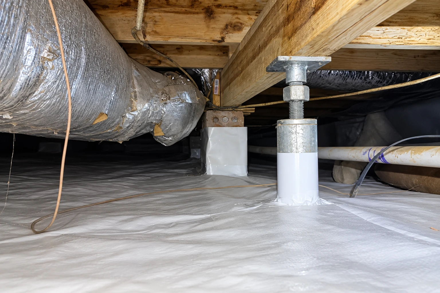 A crawl space floor is covered with a white vapor barrier beneath ducts and wooden supports.