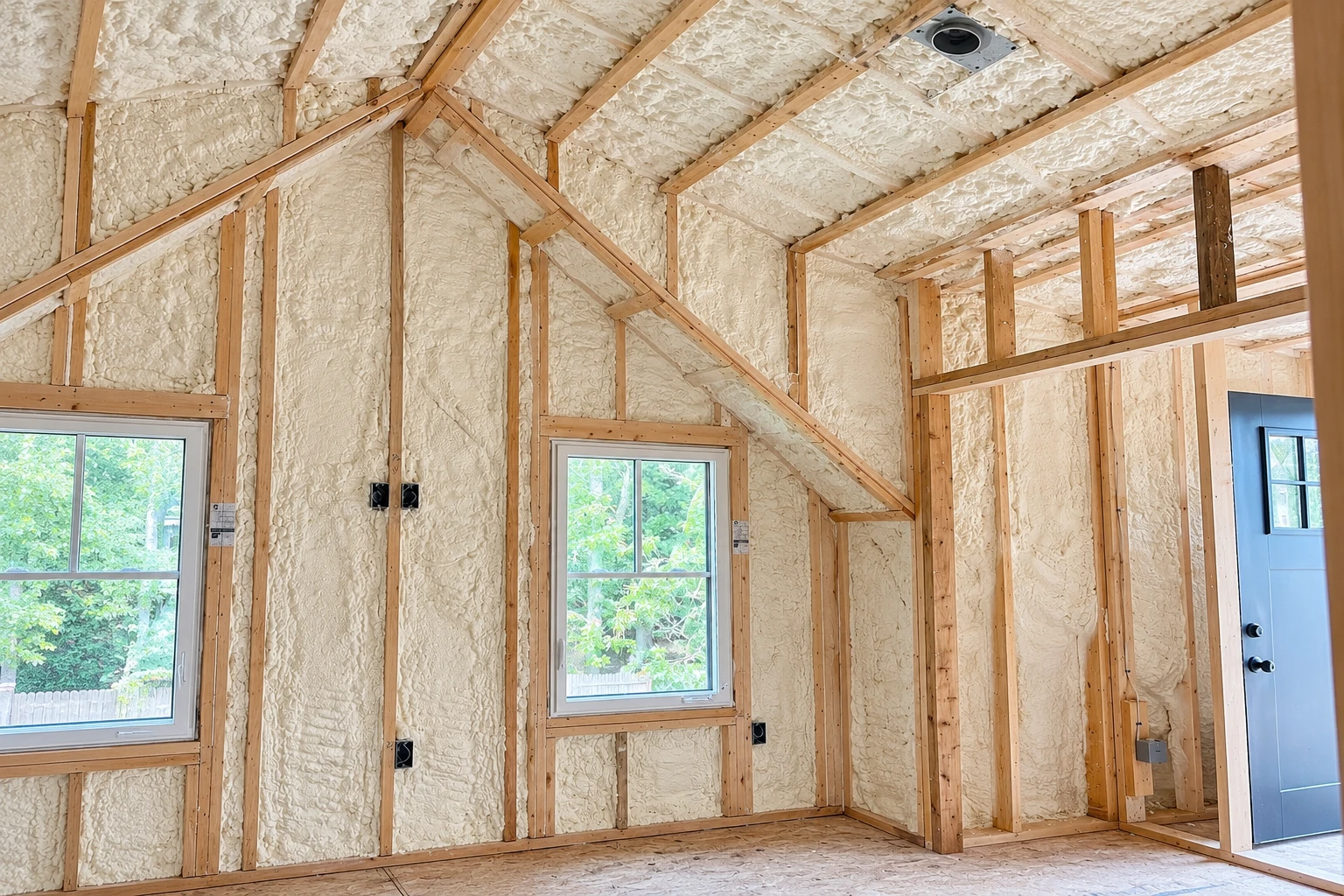 Unfinished room with cream spray foam insulation filling wall and ceiling cavities between exposed wood framing.